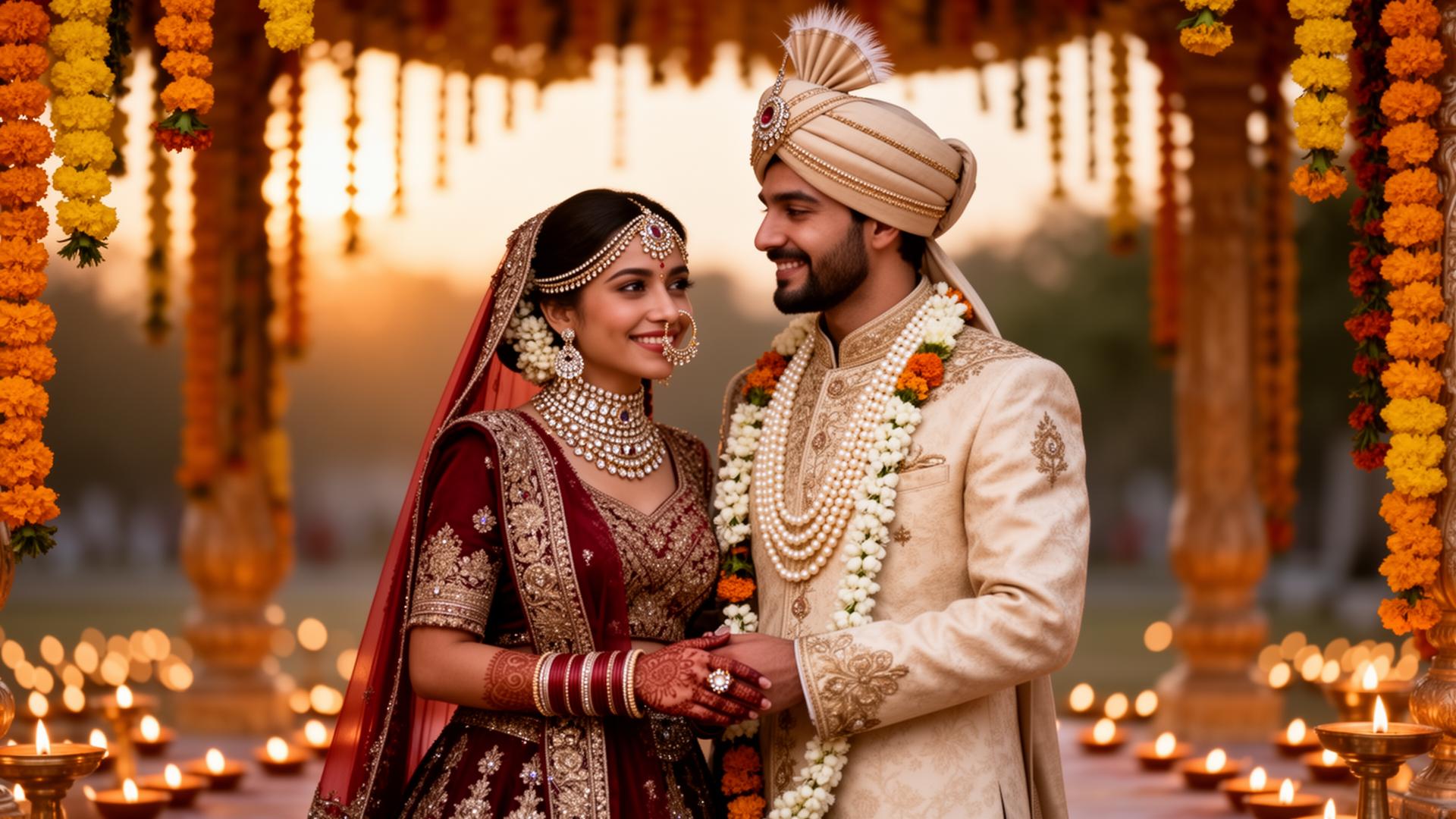 Brahmin bride and groom under marigold mandap at golden hour
